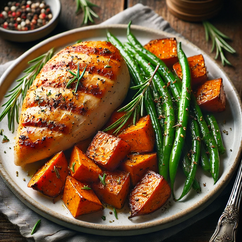 Roast Chicken with Sweet Potatoes and Green Beans 